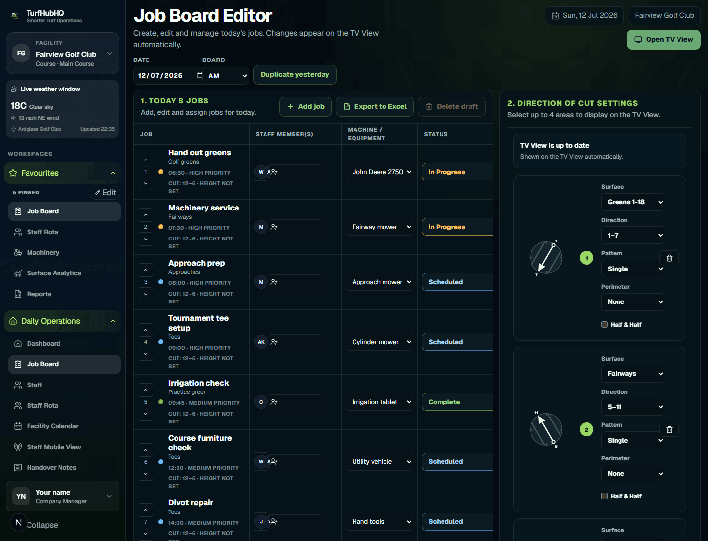 Job Board editor with today's jobs and direction-of-cut settings